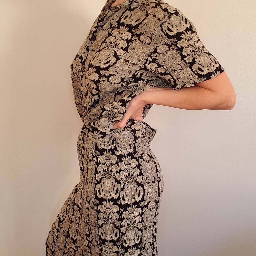 Vintage Jennifer Collins 2 Piece Outfit Short Sleeve & Midi Skirt Damask Medium